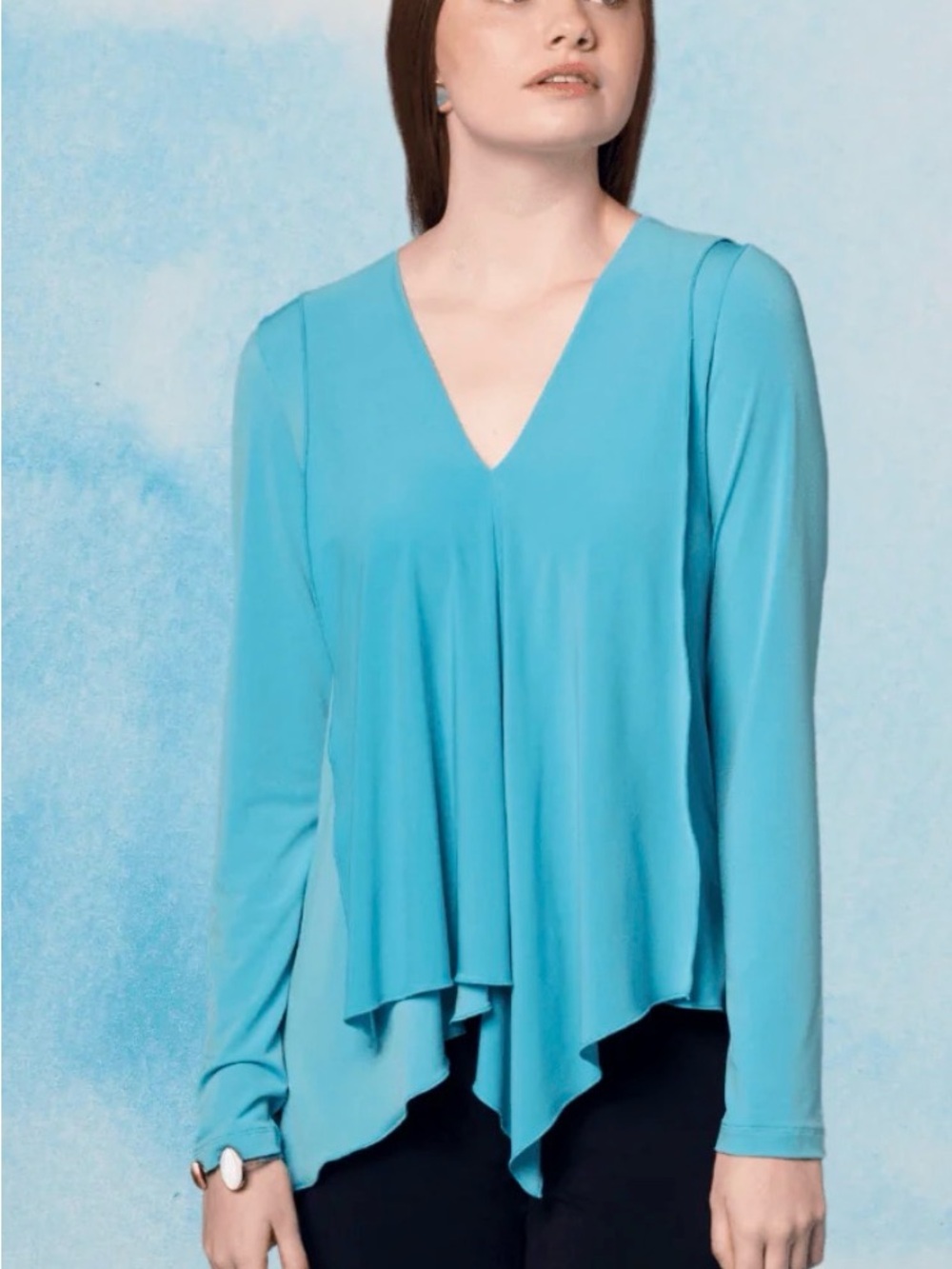 Draped V-Neck Long-Sleeve Blouse in Aqua Blue